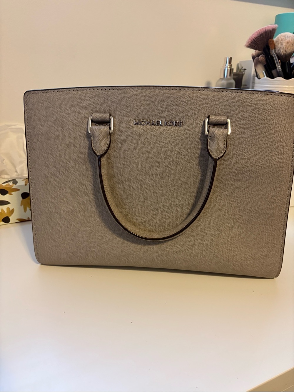 Michael Kors Saffiano Leather Satchel in Taupe Gray